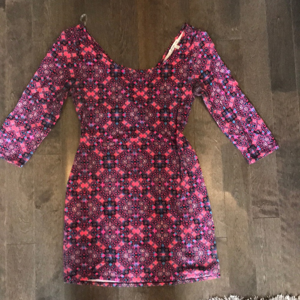 Aztec body con dress with open cross cross back